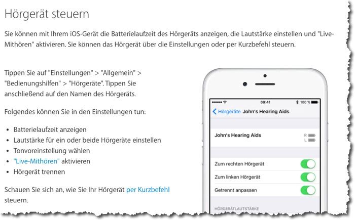 Abb: Apple erklärt, dass mit den iOS-Geräten Hörgeräte gesteuert werden können.
