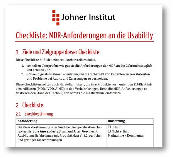 Screenshot der Checkliste zu den Anforderungen der MDR an die Gebrauchstauglichkeit (Usability)
