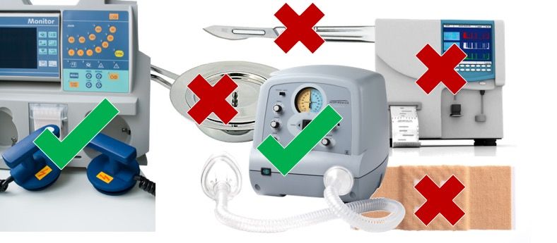Beispiele für Medizinprodukte, die vor ihrer Verwendung aufbereitet werden müssen und unter den Anwendungsbereich der ISO 17664 fallen (grüner Haken) bzw. nicht fallen (rotes Kreuz)