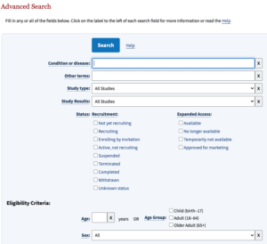 Screenshot von der „Advanced Search“ von Clinical Trials