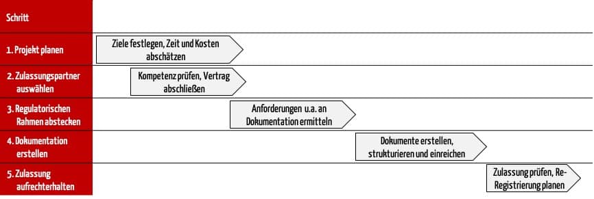 Gannt-Diagramm mit In 5 Schritten zur internationalen Zulassung