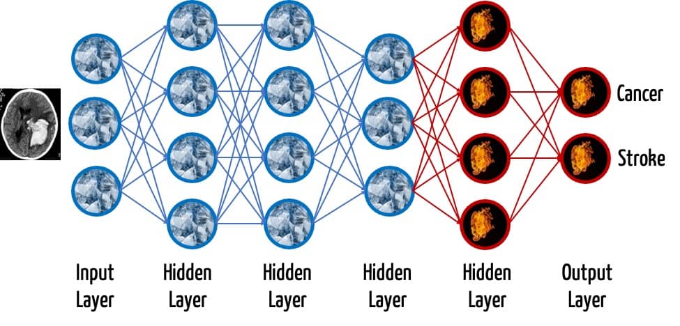 Schematische Darstellung zeigt, wie beim Transfer Learning einige Schichten (deren Architektur, Gewichte und Schwellwerte) unverändert bleiben („frozen“ – in blau dargestellt). Hingegen werden höhere Schichten neu trainiert (in rot dargestellt).
