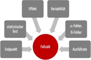 Grafik, die die sechs Faktoren zeigt, die bei der Fallzahlplanung die Fallzahlberechnung in klinischen Studien beinflussen
