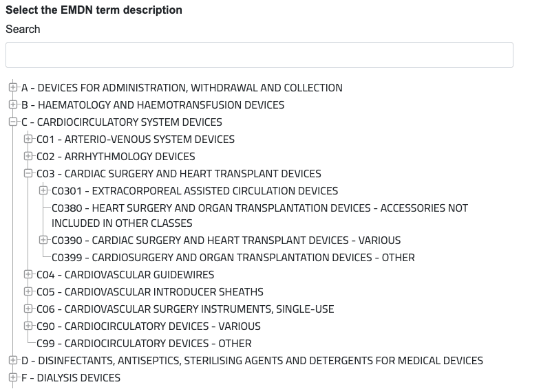 Screenshot der EU-Webseite mit dem Baum, der die EMDN-Codes darstellt