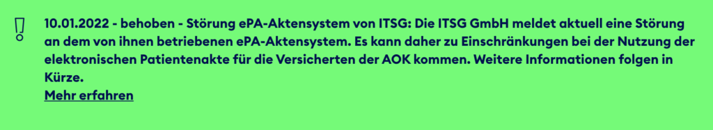 Meldung der gematik über eine Störung an der (nicht von ihr betriebenen) Telematikinfrastruktur