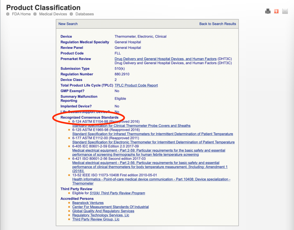 Screenshot der FDA Product Classification Database, die für die Premarket Notification genutzt werden kann. Beispiel eines elektrischen Thermometers.