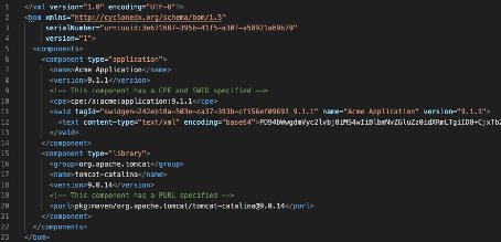 Eine SBOM im CyclonDX-Format listet einmal eine mit SWID und einmal eine mit PURL identifizierte Komponente.