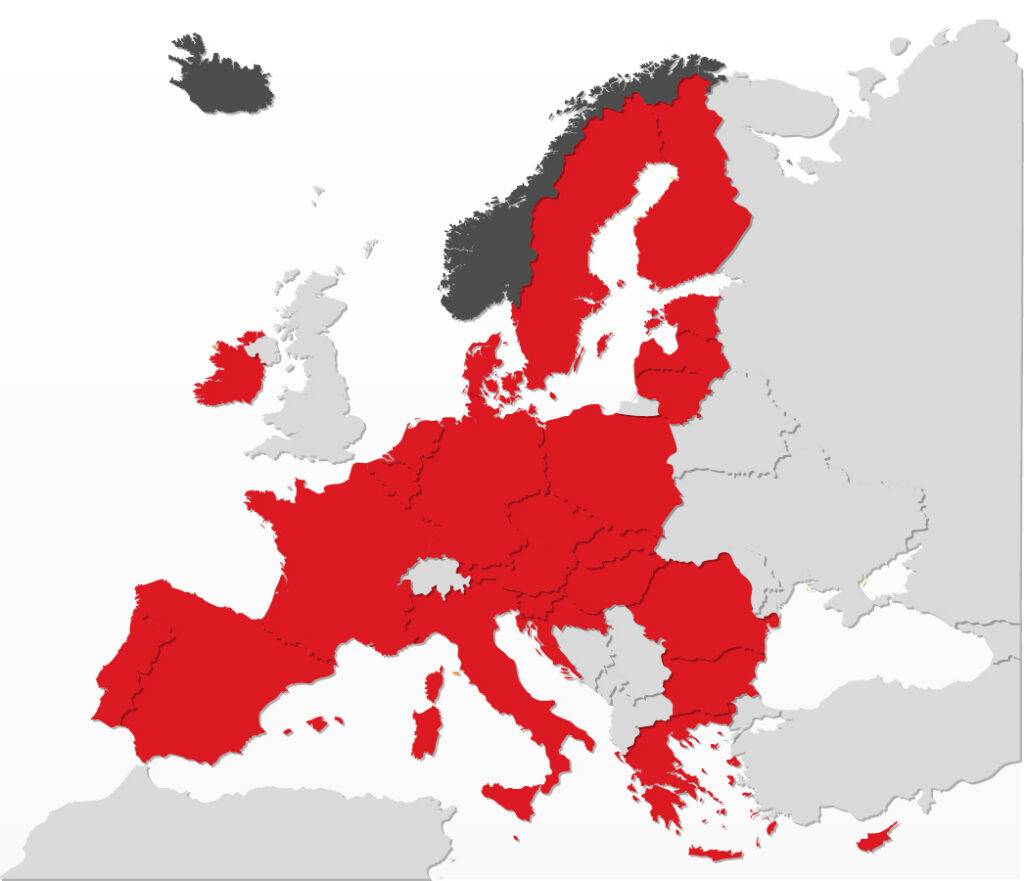 Bild zeigt Landkarte. Der EWR besteht aus der EU und den EFTA-Ländern ohne die Schweiz. Wer als Hersteller demzufolge seinen Sitz außerhalb der EU bzw. des EWR hat, muss einen EU-REP benennen. (Rot: EU-Länder; Dunkelgrau: EFTA-Länder)