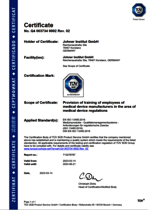 Certificate Q4 003734 Johner Institute