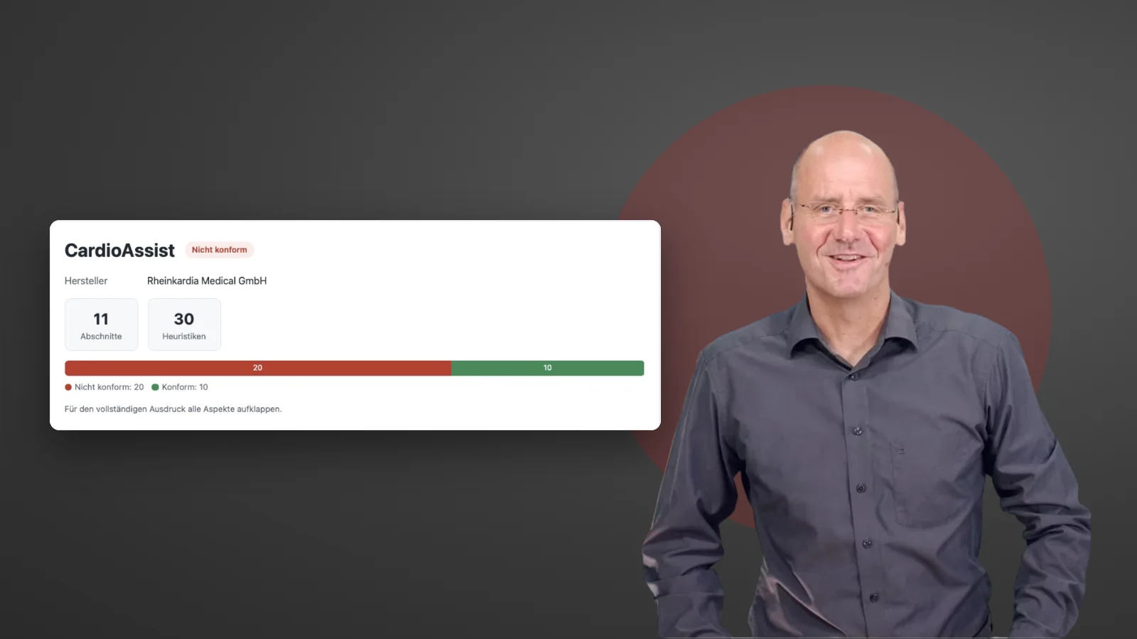 Prof. Dr. Christian Johner neben einem Beispielreport des TD-Review-Systems (fiktives Produkt CardioAssist)