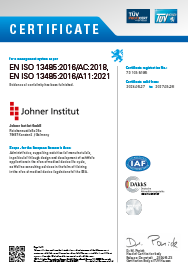 ISO 13485 certificate of the Johner Institute