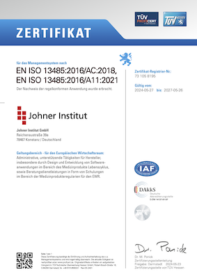 ISO 13485-Zertifikat des Johner Instituts