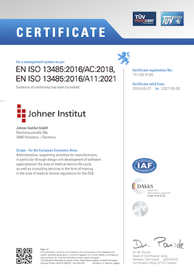 ISO 13485-Certificate des Johner Instituts